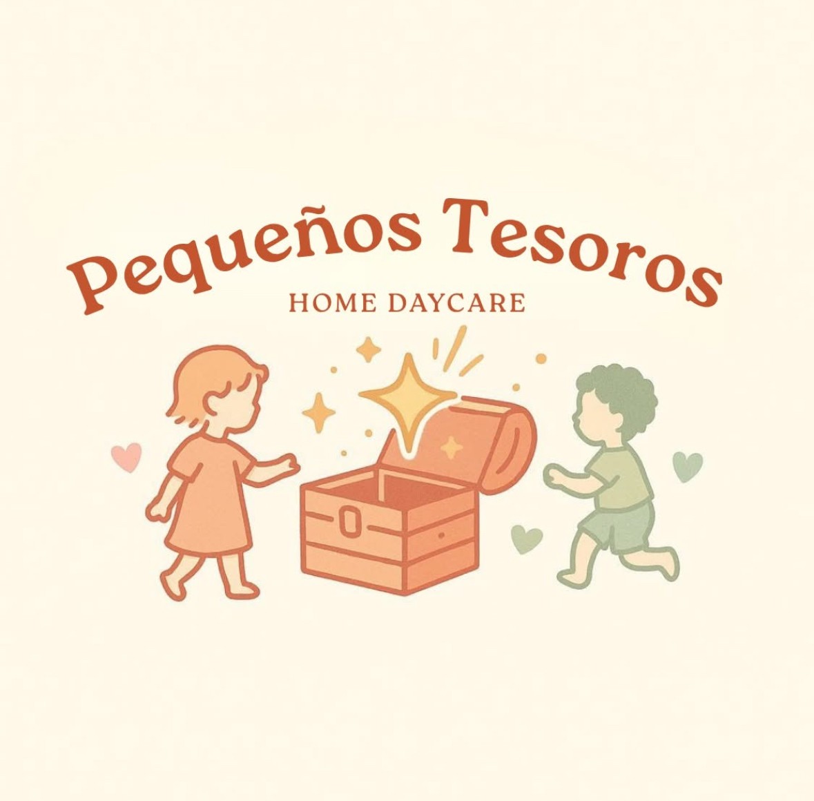 Pequeños Tesoros Home Daycare logo with two children and a treasure chest
